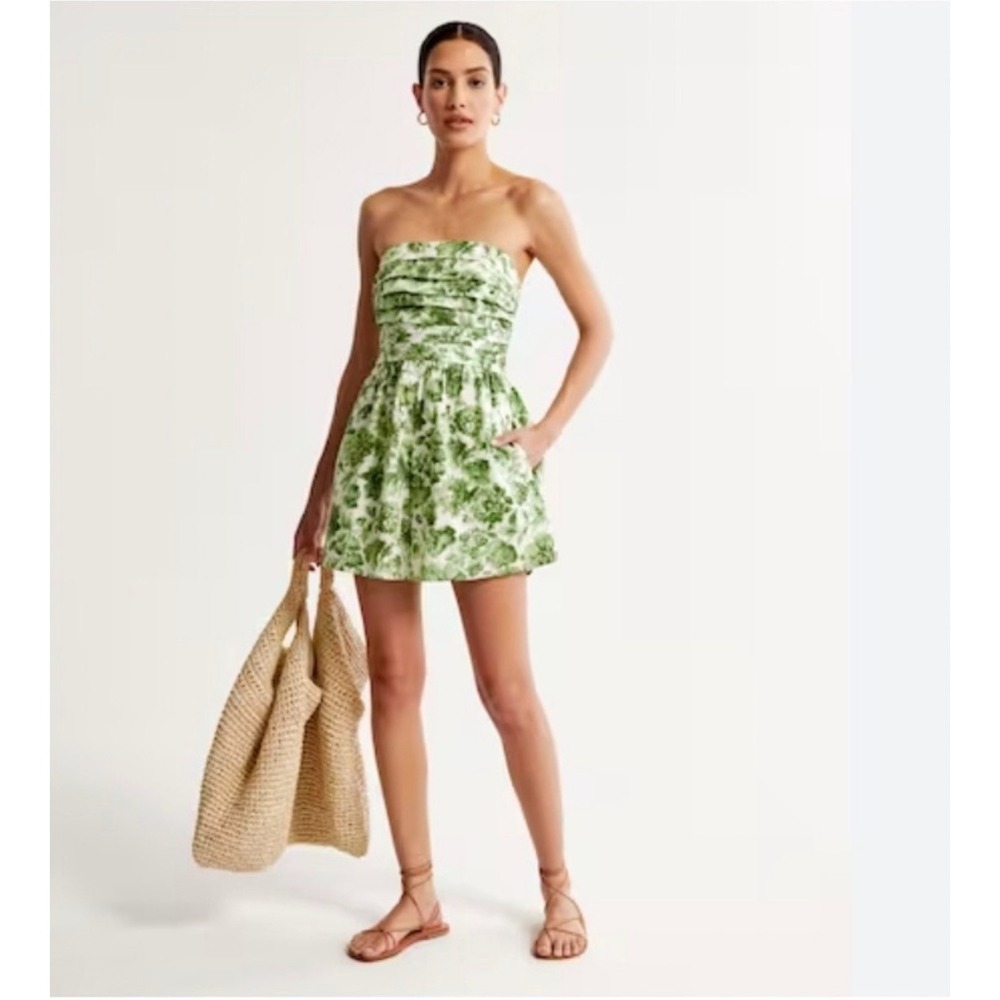 Abercrombie Fitch Emerson Mini Dress Women Sz L Green Floral Smocked Strapless